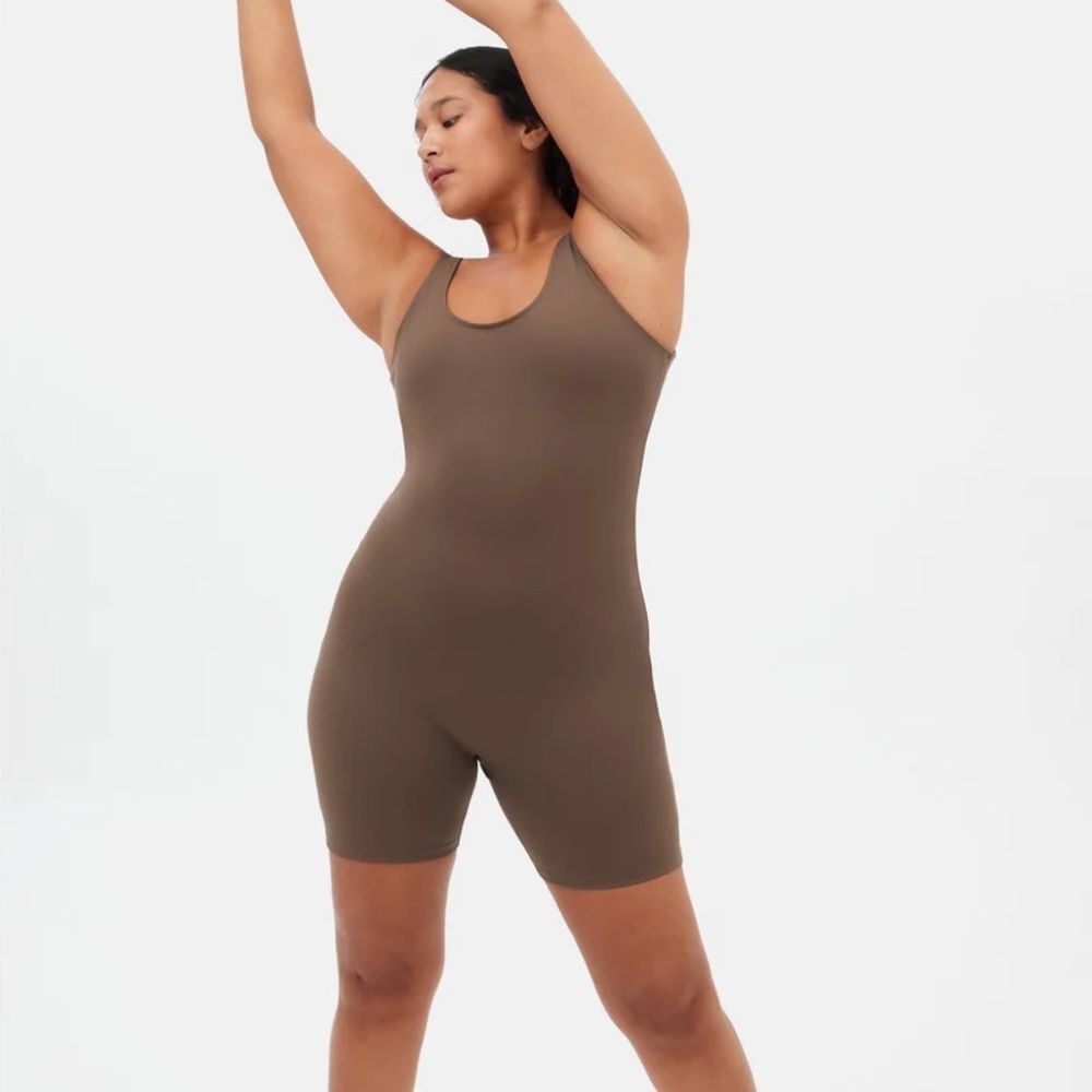 Girlfriend Collective Cafe Brown Sleeveless Scoop Neck Bike Unitard Medium NWT